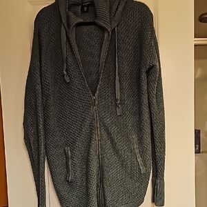 Olive Green Zip Up Waffle Knit Sweater with Hood